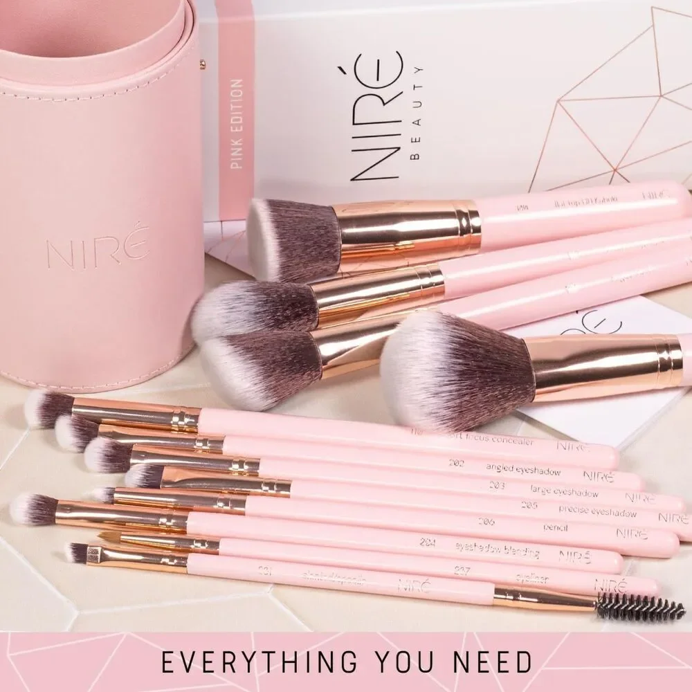 Niré Beauty 15piece Pink Rose Gold Makeup Brushes Set & Beauty Blender With Case